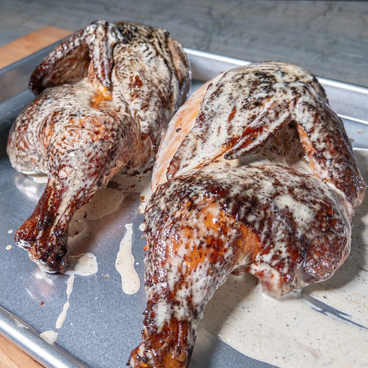 Smoked Chicken Halves with Alabama White Sauce