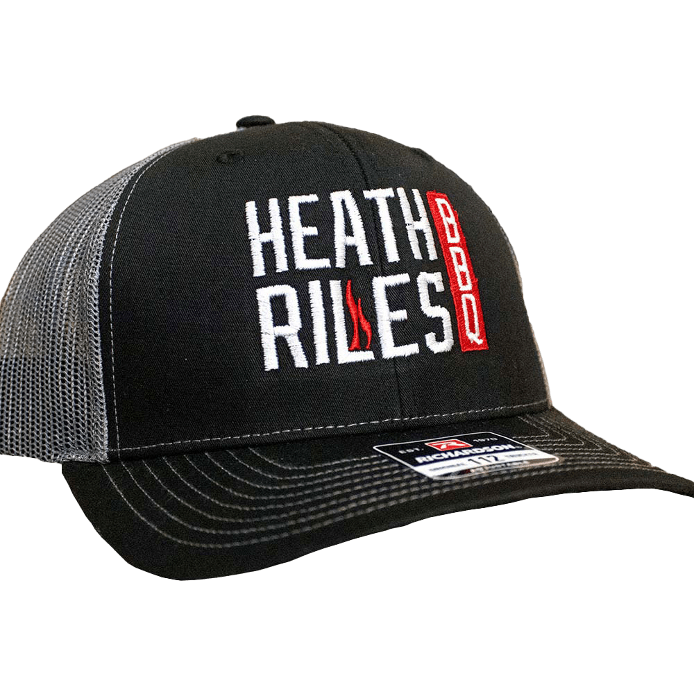 Heath Riles BBQ Stacked Logo Trucker Hat, One Size - Left Angle