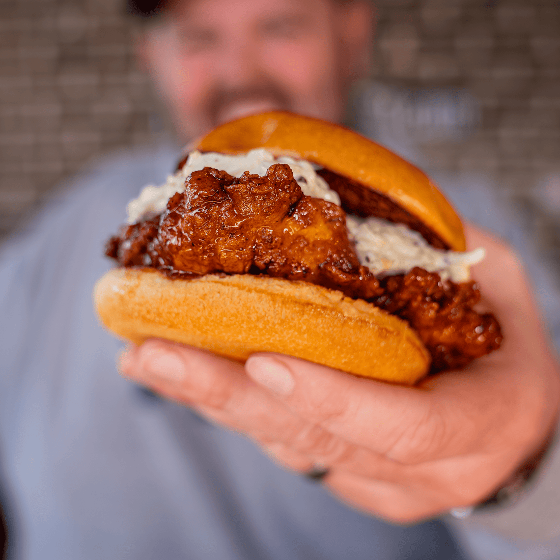 Hot Honey Chicken Sandwich With Ranch Dill Pickle Coleslaw