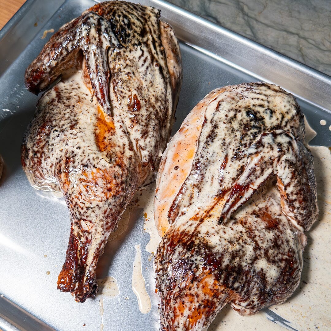 Smoked Chicken Halves with Alabama White Sauce
