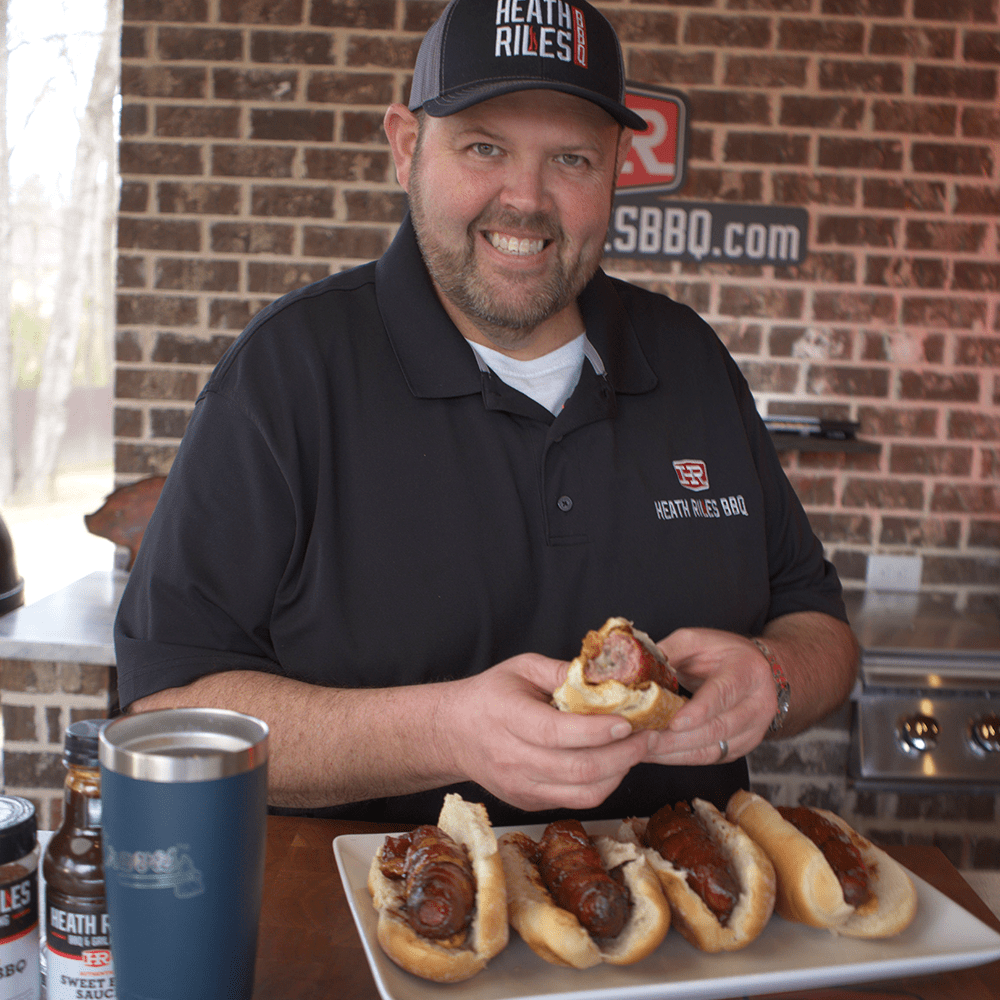 Pepper Jack Stuffed Bacon Wrapped Barbecue Glazed Brats |Weber Kettle Grill