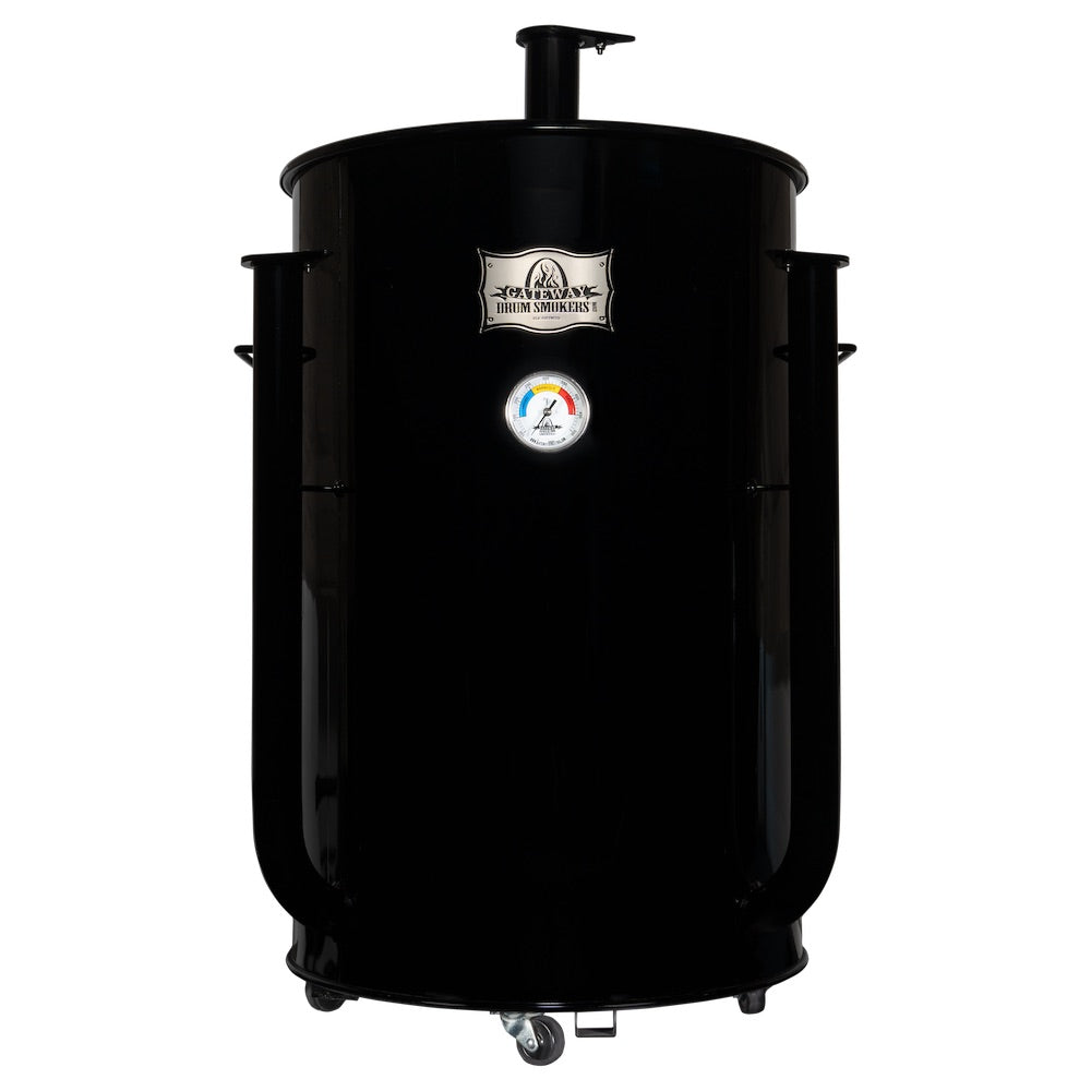 Black barrel-style smoker with a brand logo on a white background