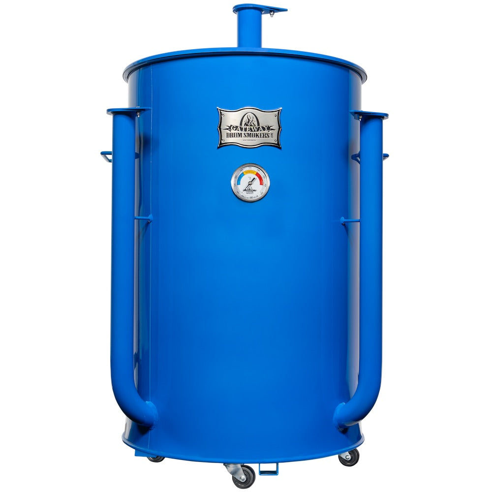 Blue barbecue smoker with brand logo on a white background