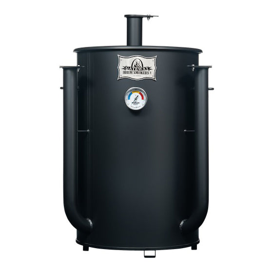 Black barrel-style smoker with a brand logo on a white background