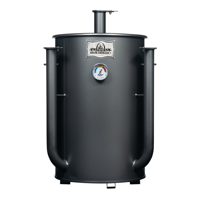 Black vertical smoker with a brand logo on a white background