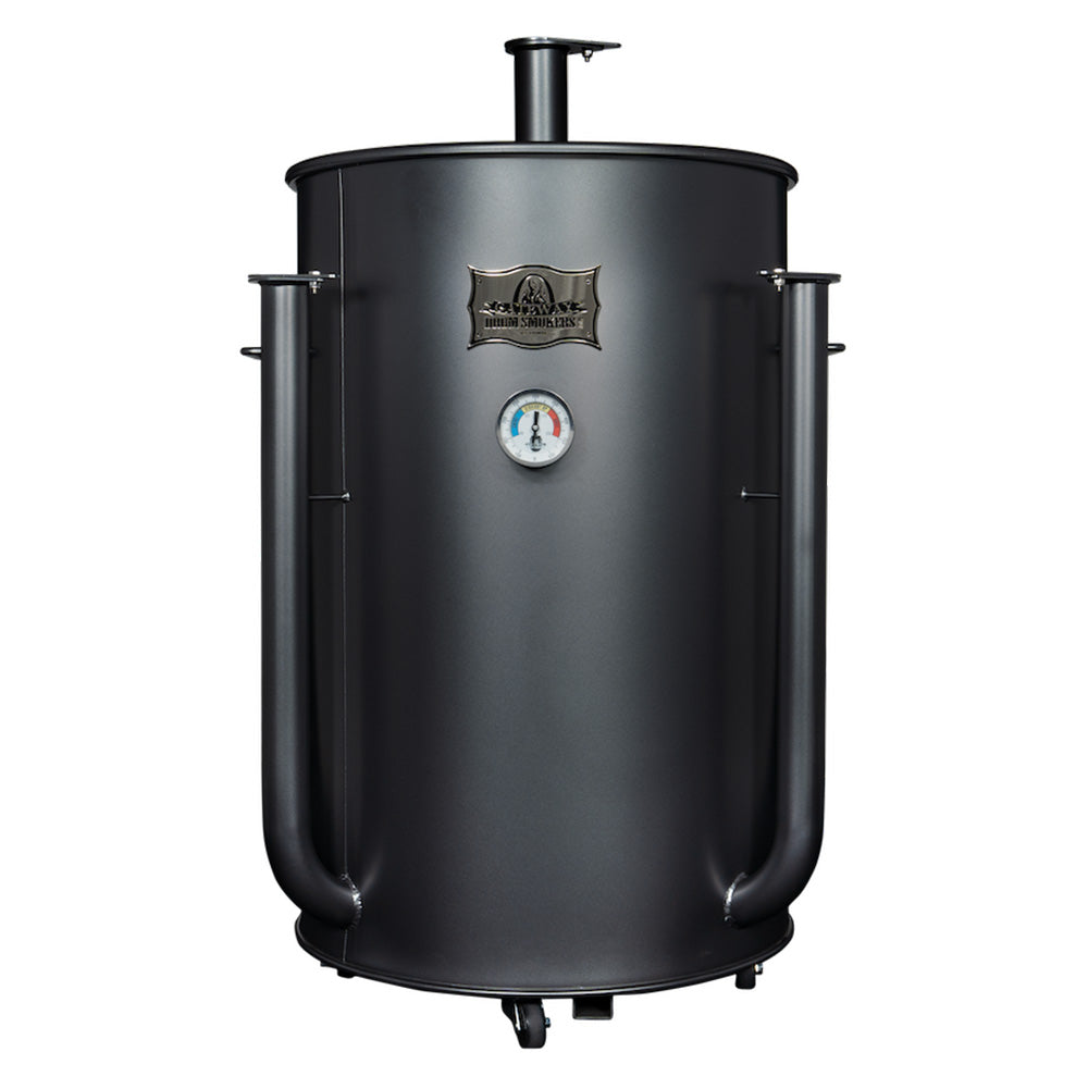 Black barbecue smoker with a brand logo on a white background