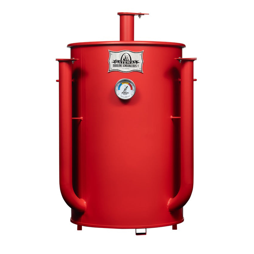 Red barbecue smoker with a visible brand logo on a white background