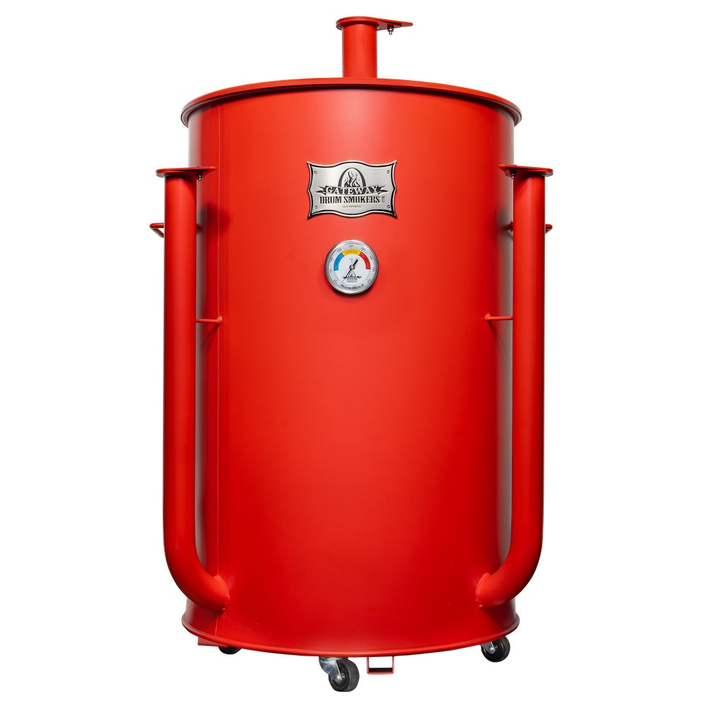 Red barbecue smoker with a brand logo on a white background